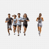 Download PNG cutouts of a group of runners in motion and a female jogger from behind. Perfect for architectural visualizations, sports scenes, and design projects.