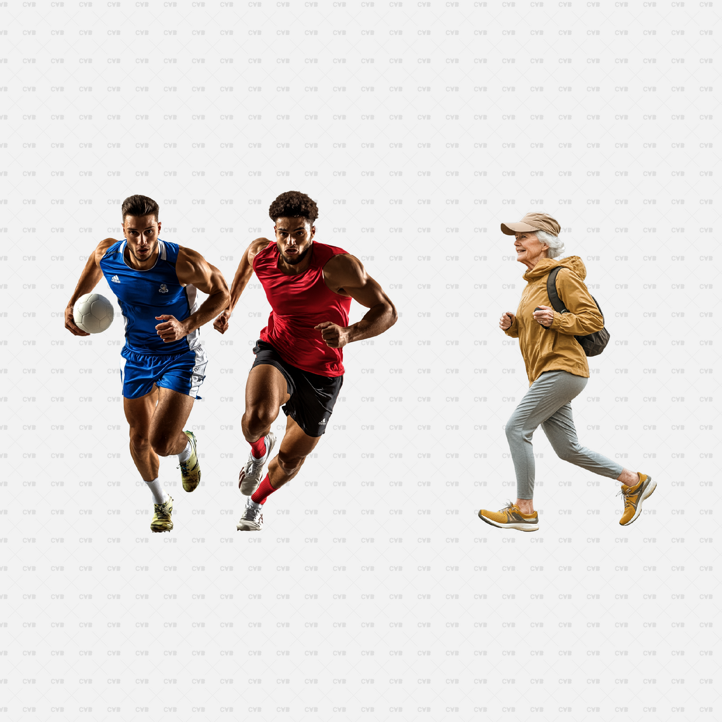 Download PNG cutouts of two male athletes sprinting and a senior woman jogging. Perfect for sports designs, architectural visualizations, and CAD projects.