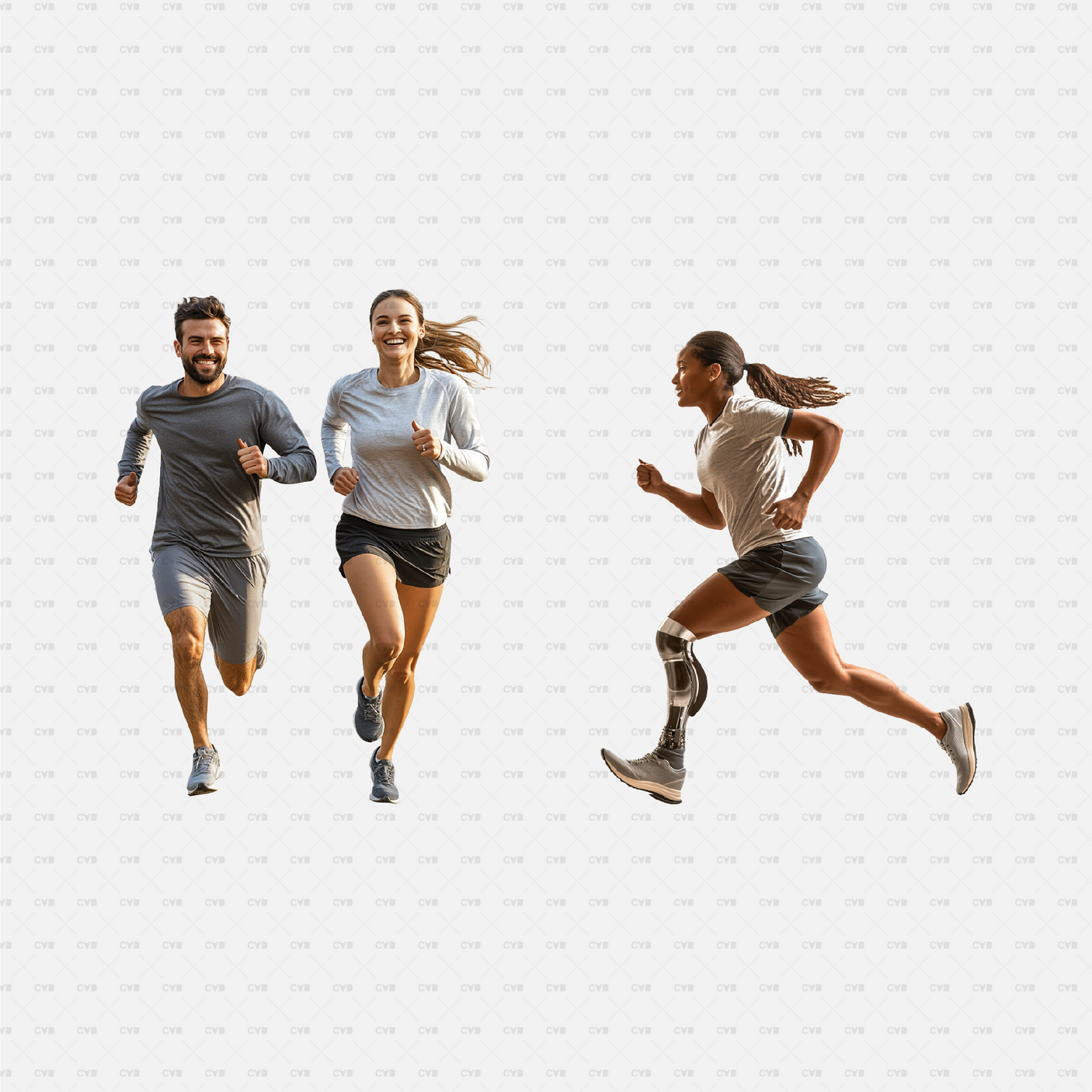 Download PNG cutouts of two runners and an athlete with a prosthetic leg in motion. Perfect for architectural visualizations, sports designs, and 3D projects.