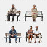 People sitting on benches, including elderly individuals and couples, showcasing urban parks or outdoor seating scenarios. These PNG cutouts are perfect for architecture, landscape design, and 3D projects. Download them free for professional use.

