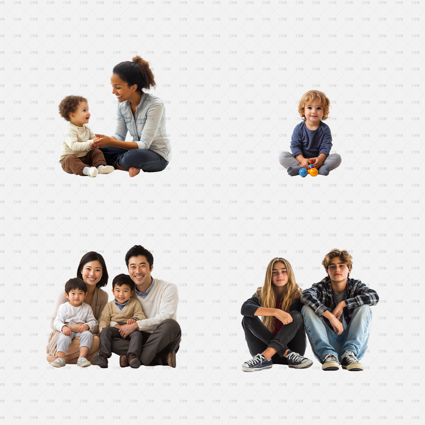 Families and children sitting on the floor, interacting or posing together. These PNG cutouts are ideal for architectural renderings, family-oriented designs, and cozy interiors. Download now for free to elevate your designs. free download

