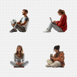 free download Individuals sitting cross-legged or using devices, featuring casual and modern poses. Use these PNG cutouts for architectural visualizations, co-working spaces, or 3D renders. Download free or premium options today.

