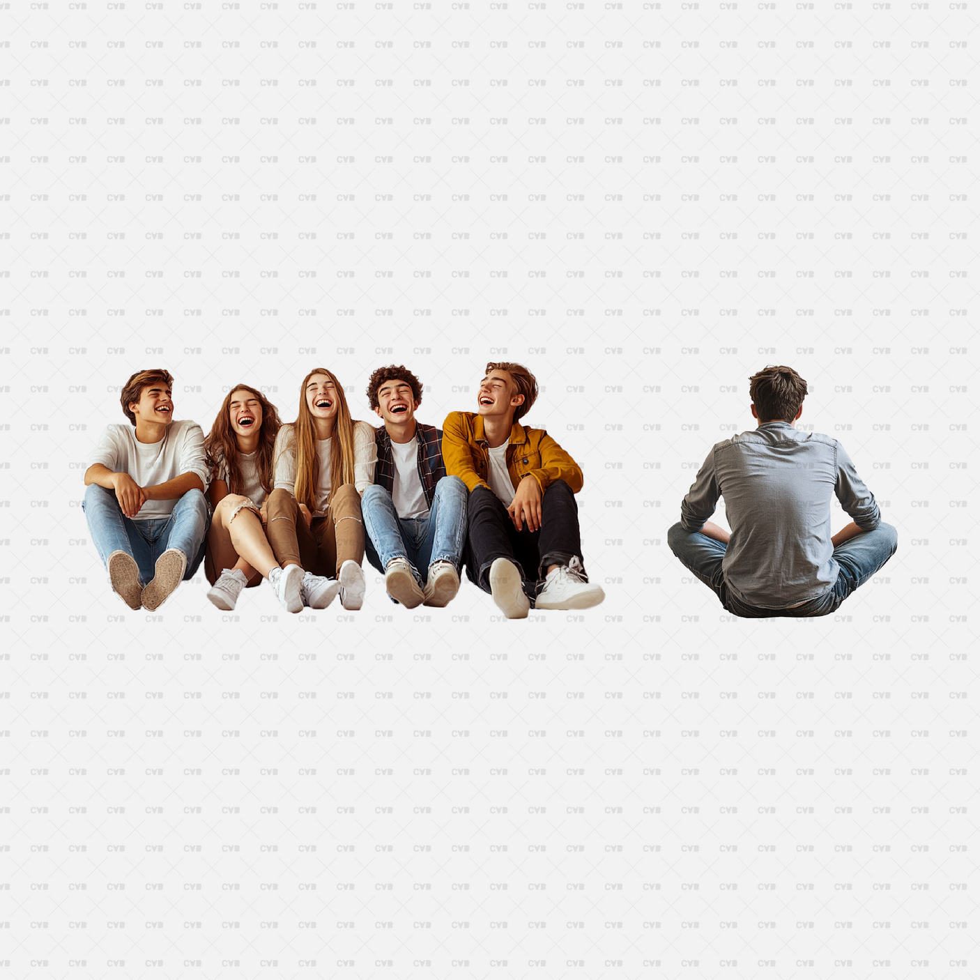 A group of five young adults sitting on the ground, laughing and enjoying themselves. High-quality PNG cutouts for architectural visualizations, outdoor settings, and 3D renderings. Download free or premium versions to enhance your design projects. free download

