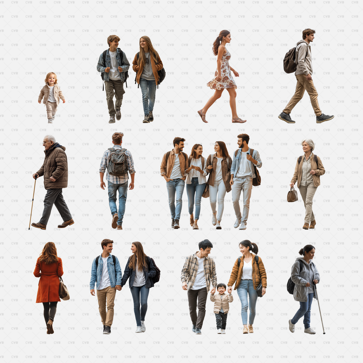 Enhance your design projects with high-resolution PNG cutouts of people walking. Perfect for architectural renderings, CAD designs, and urban planning, these transparent-background images include men, women, and children in diverse walking scenarios. Easily compatible with Photoshop, SketchUp, AutoCAD, Revit, and more. Download premium walking figure cutouts now to add realism to your 3D visualizations and marketing materials. Available exclusively on CADasbuilt.com.