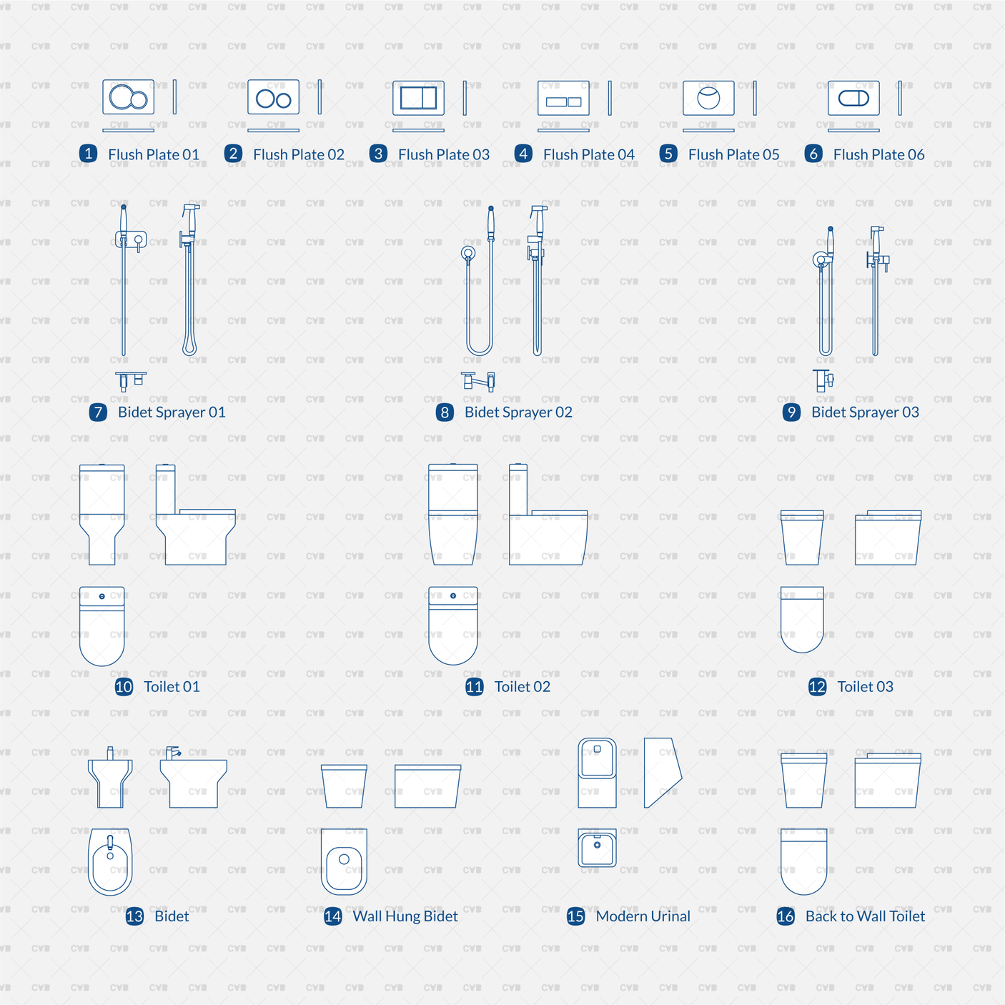 Dynamic CAD Toilet Block CADasbuilt BIM Blocks DWG Blue Sheet With Flush Plates Bidet Sprayers Toilets And Accessories