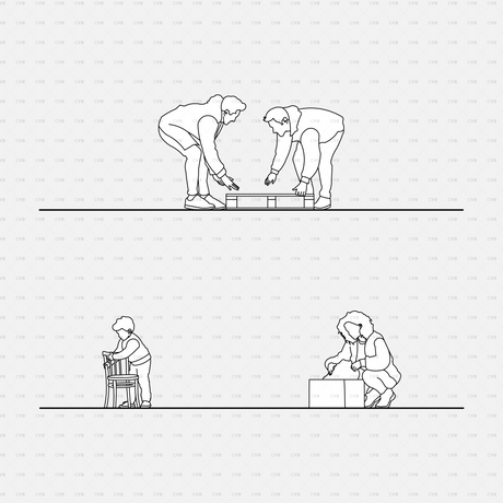 CAD people moving furniture CADasbuilt BIM Blocks dwg — two lift a board, child moves a chair, woman packs a box.