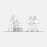 CAD people moving furniture CADasbuilt BIM Blocks dwg — caregiver pushes wheelchair with box; two carry boxes.