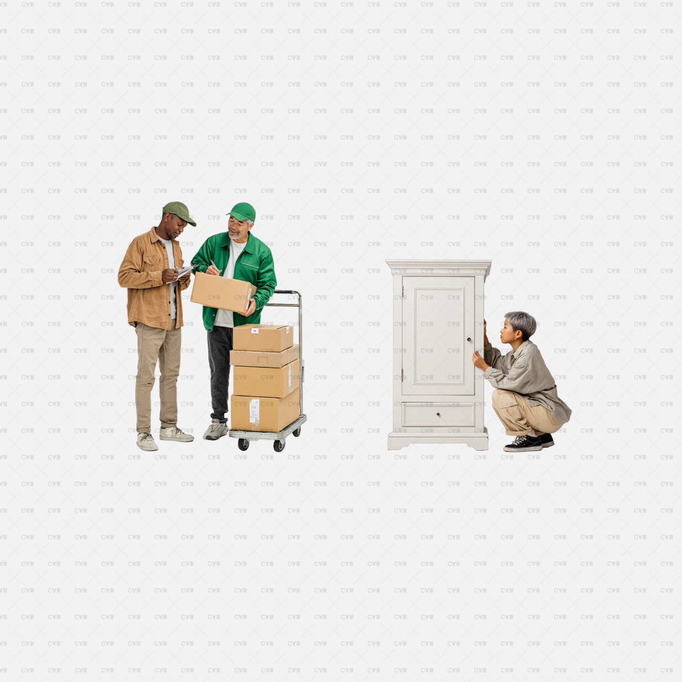 PNG Cutouts People Moving Furniture CADasbuilt Delivery Crew With Dolly Of Boxes And Woman Inspecting Cabinet Door