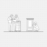CAD people moving furniture CADasbuilt BIM Blocks dwg — staff check boxes on a cart; person inspects a cabinet.