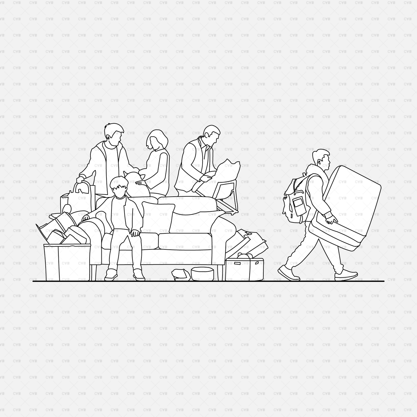 CAD people moving furniture CADasbuilt BIM Blocks dwg — family packs on sofa while a man carries a mattress.