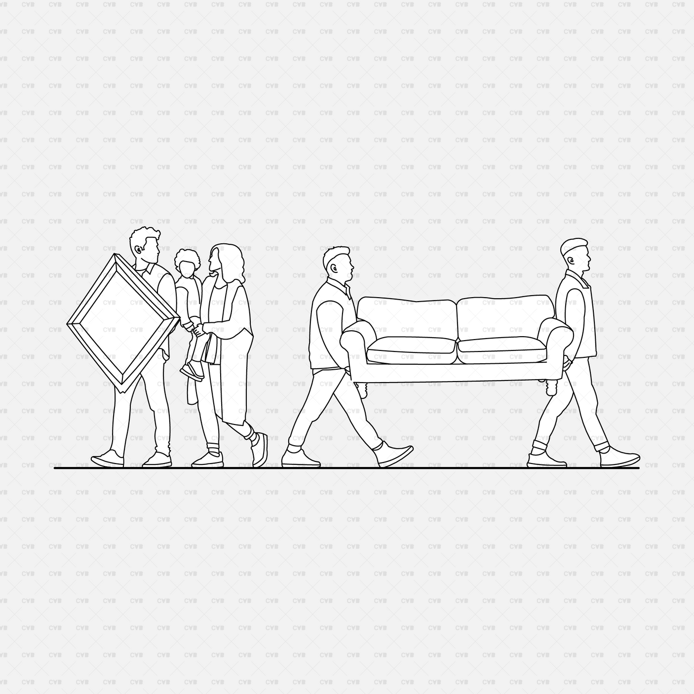 CAD people moving furniture CADasbuilt BIM Blocks dwg — pair carry a frame, family with child, two men carry a sofa.