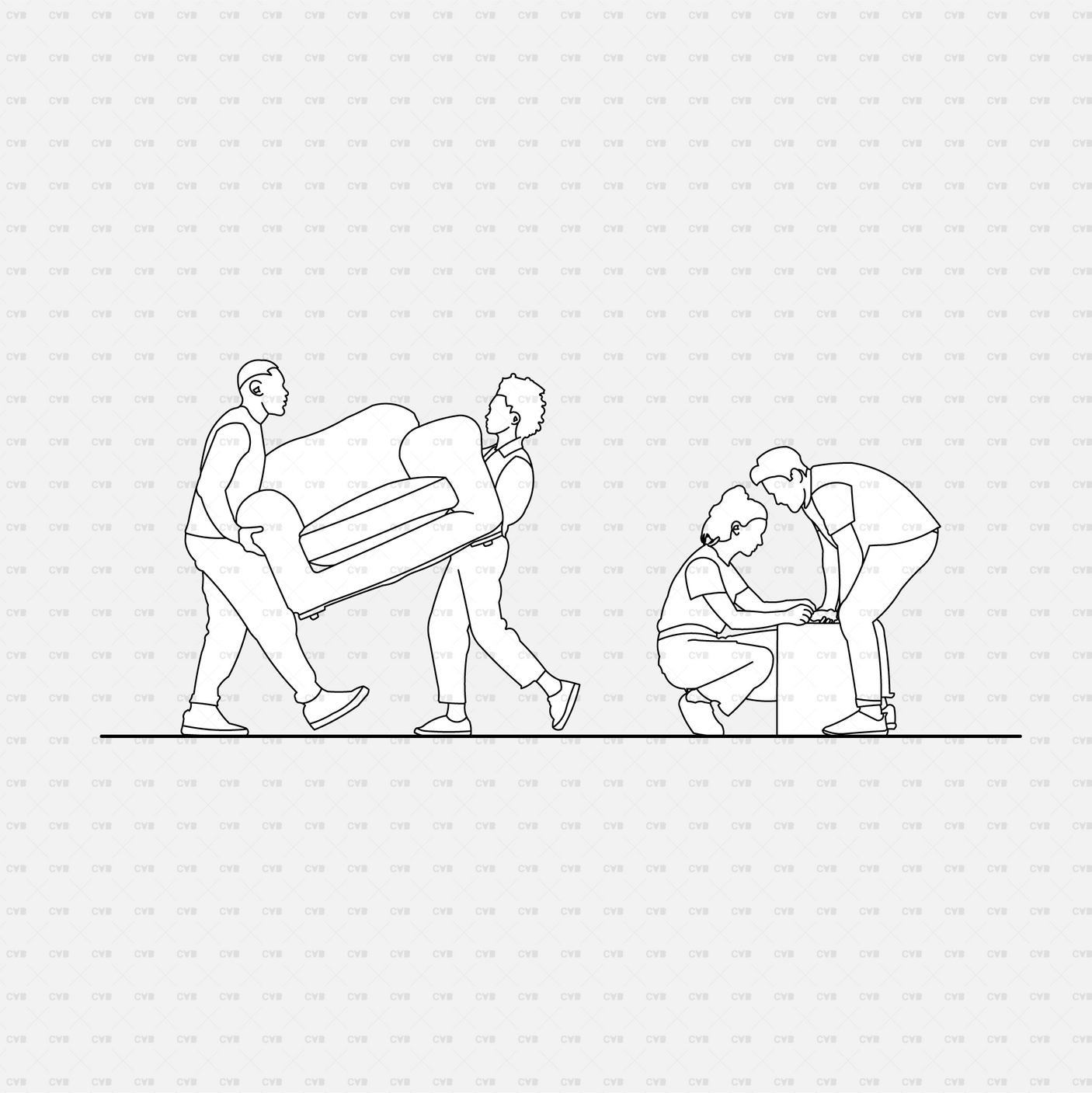 CAD people moving furniture CADasbuilt BIM Blocks dwg — two carry a couch; two crouch to lift a box together.