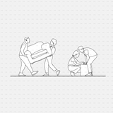 CAD people moving furniture CADasbuilt BIM Blocks dwg — two carry a couch; two crouch to lift a box together.
