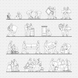CAD people moving furniture CADasbuilt BIM Blocks dwg — collection of scenes carrying sofas, boxes, frames, and gear.