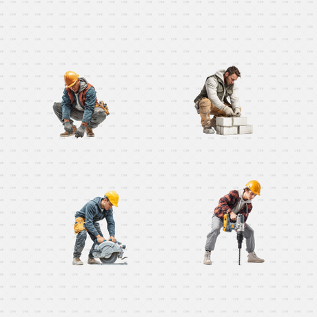 PNG Cutouts People At Construction Site CADasbuilt Workers Crouching Laying Blocks Cutting Wood And Jackhammering