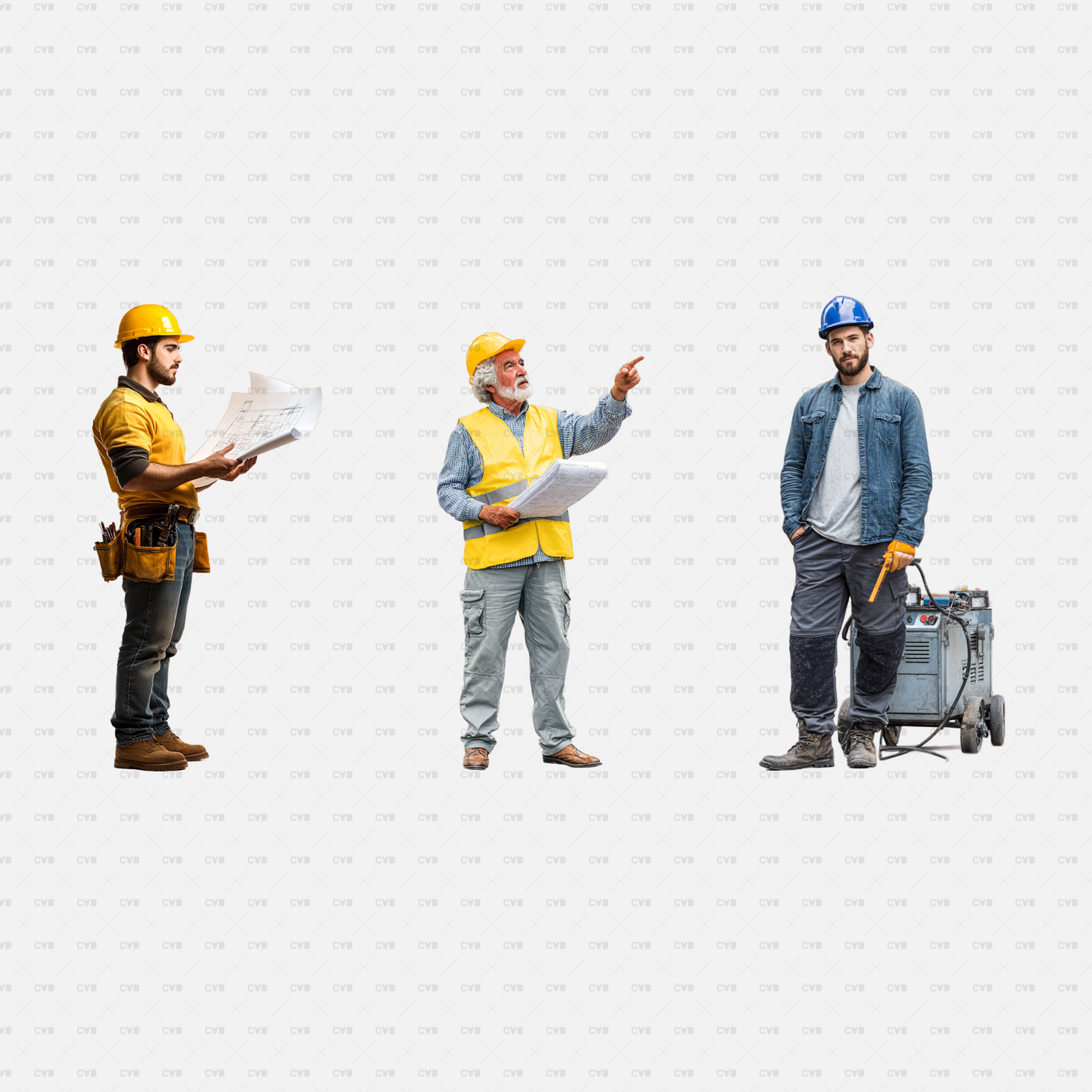 PNG Cutouts People At Construction Site CADasbuilt Foreman Pointing, Worker Reading Blueprints, Welder With Equipment