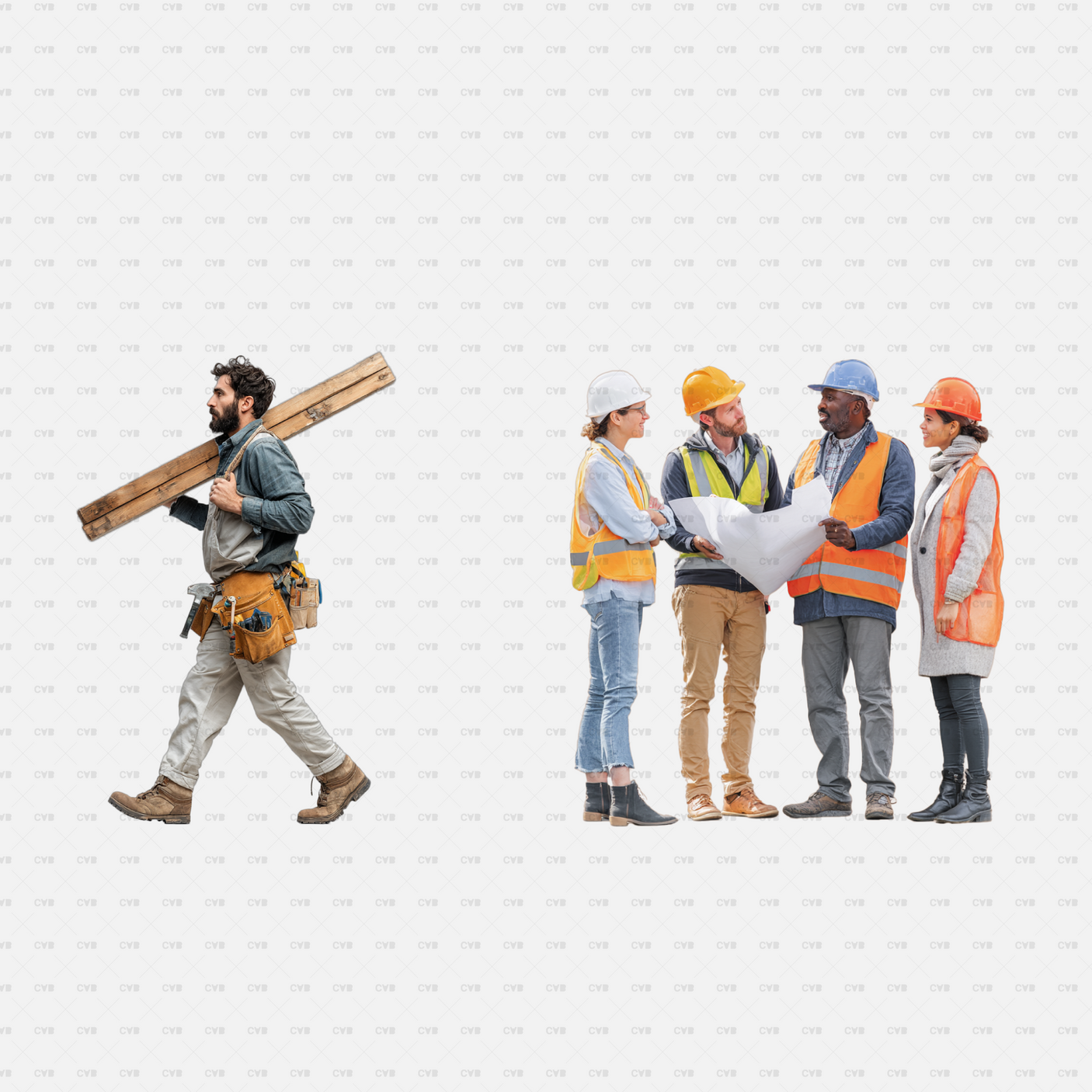 PNG Cutouts People At Construction Site CADasbuilt Carpenter Carrying Lumber And Multidisciplinary Team Discussing Blueprint