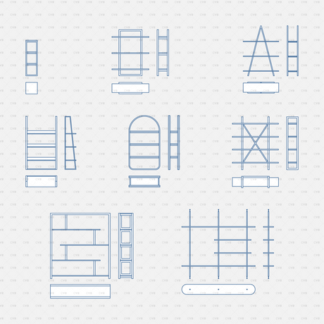 Dynamic CAD Shelves And Storage 01 CADasbuilt BIM Blocks DWG Blue Outline Overview Of All Shelf Types And Components