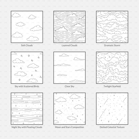 Vector Illustrator Pattern sky patterns CADasbuilt AI SVG thumbnail grid preview of all sky pattern designs.