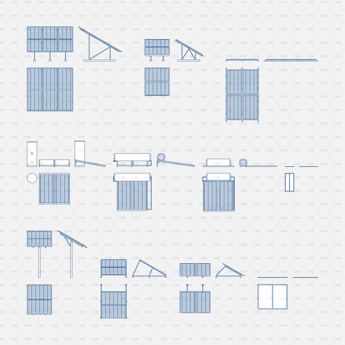 CAD Dynamic Blocks Solar Panels And Water Heaters CADasbuilt BIM Blocks DWG Blue Line Sheet Showing Panels Heaters And Mounts
