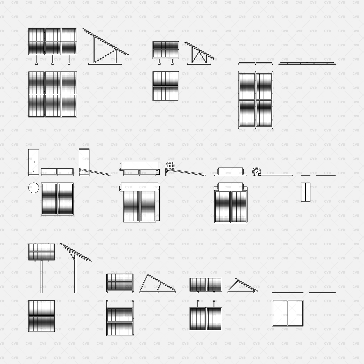 CAD Dynamic Blocks Solar Panels And Water Heaters CADasbuilt BIM Blocks DWG Complete Black Line Sheet Of Panels And Heaters