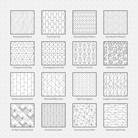 Vector Illustrator Pattern wallpaper CADasbuilt AI SVG – preview grid of 16 seamless wallpaper patterns from the library.