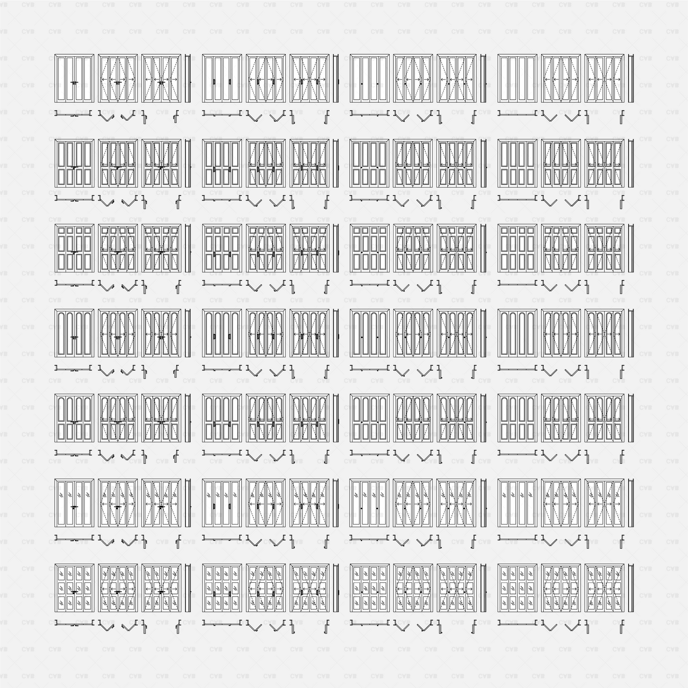 cad dynamic blocks wooden bi-fold doors CADasbuilt BIM blocks dwg grid of varied plan views for 60+ door options