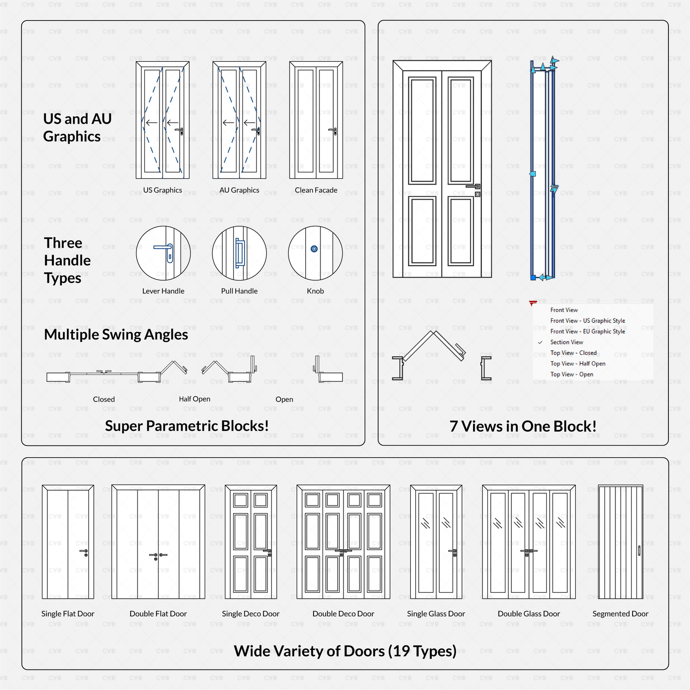 cad dynamic blocks wooden bi-fold doors CADasbuilt BIM blocks dwg overview with graphics, handles, angles, 7 views