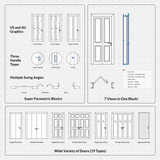 cad dynamic blocks wooden bi-fold doors CADasbuilt BIM blocks dwg overview with graphics, handles, angles, 7 views
