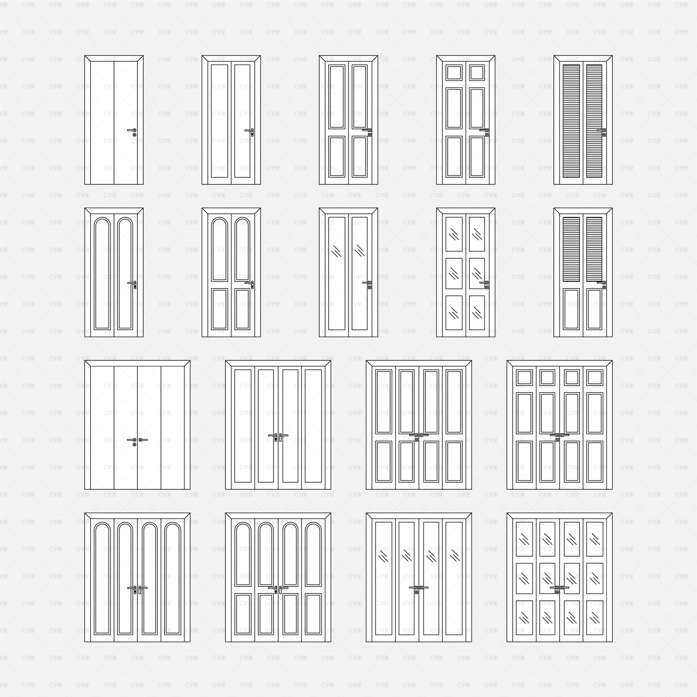 cad dynamic blocks wooden bi-fold doors CADasbuilt BIM blocks dwg front elevations of 18 wooden swing door designs