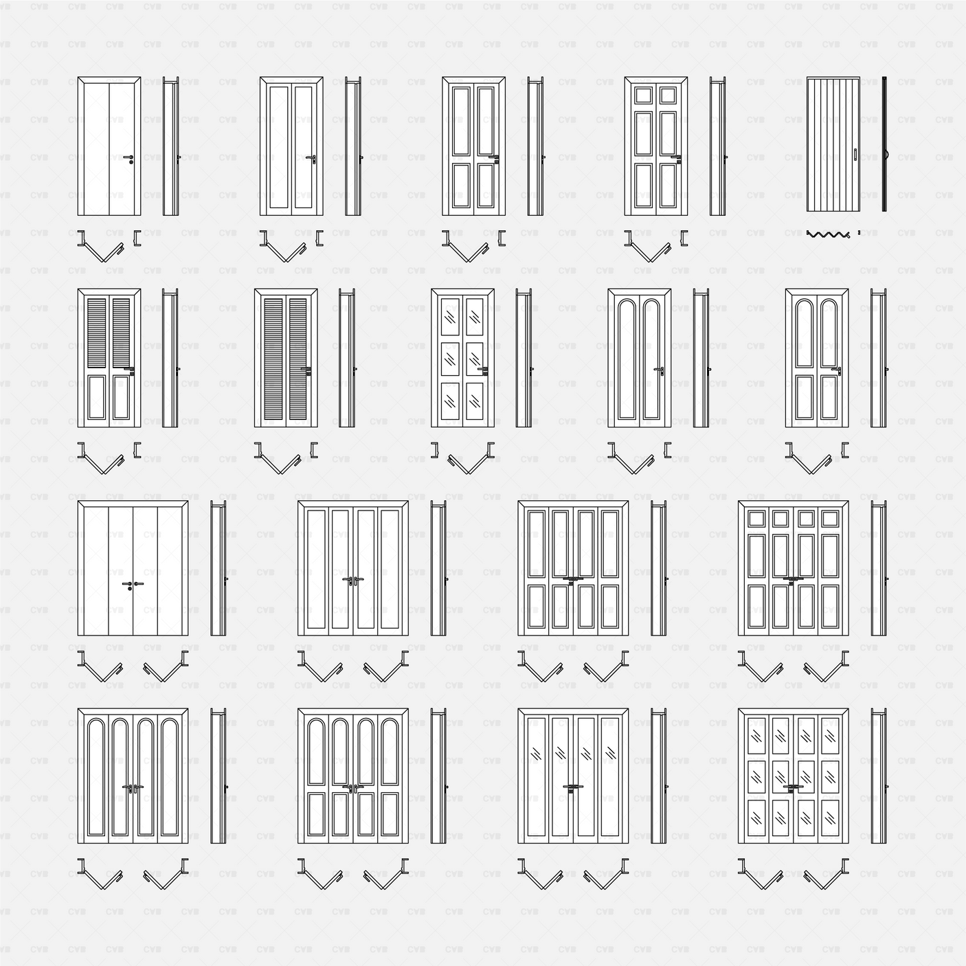 cad dynamic blocks wooden bi-fold doors CADasbuilt BIM blocks dwg front, side, plan views black line set of 18 types