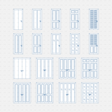 cad dynamic blocks wooden bi-fold doors CADasbuilt BIM blocks dwg front, side, plan blue line graphics of 18 doors