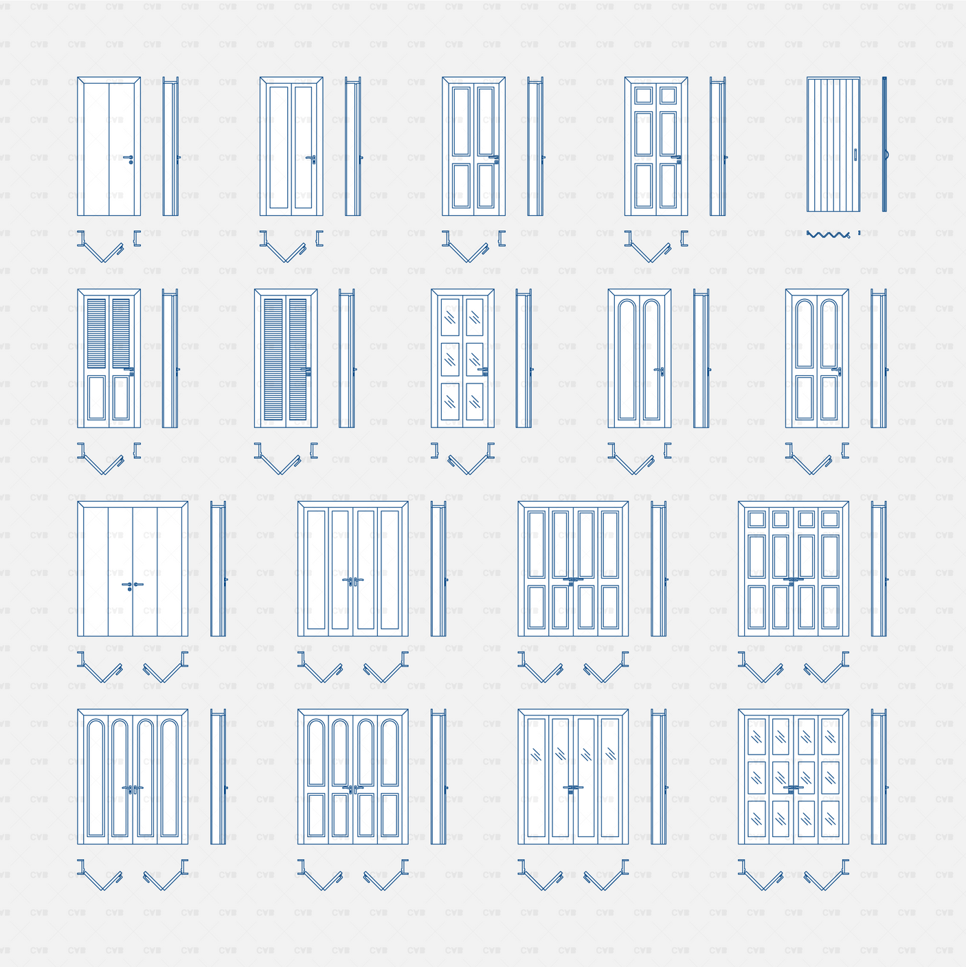 cad dynamic blocks wooden bi-fold doors CADasbuilt BIM blocks dwg front, side, plan views black line set of 18 types