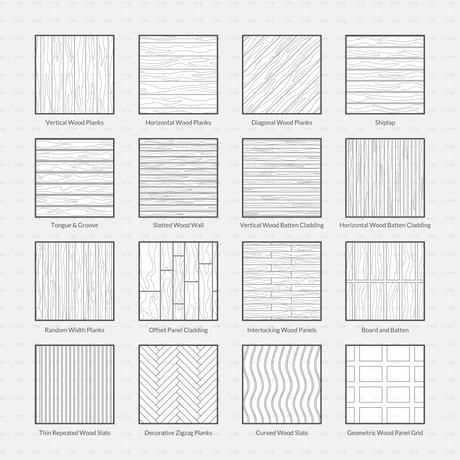 Vector Illustrator Pattern wood patterns CADasbuilt AI SVG pack preview grid of wood grain and plank styles.