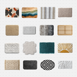 PNG Cutouts - Bathroom Rugs cadasbuilt AI SVG dwg set of sixteen bathroom rug PNG cutouts in assorted shapes, colors and textures