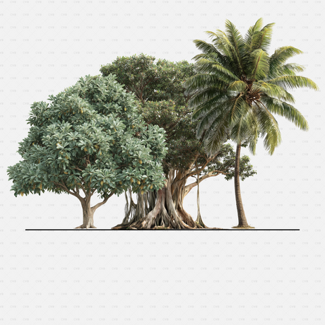 CAD Tropical trees cadasbuilt CAD blocks rfa – banyan cluster with aerial roots and a tall coconut palm, side elevation.