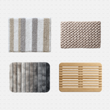 PNG Cutouts - Bathroom Rugs cadasbuilt AI SVG dwg four textured mats, striped neutral, braided knit, ribbed grey and slatted wood tray