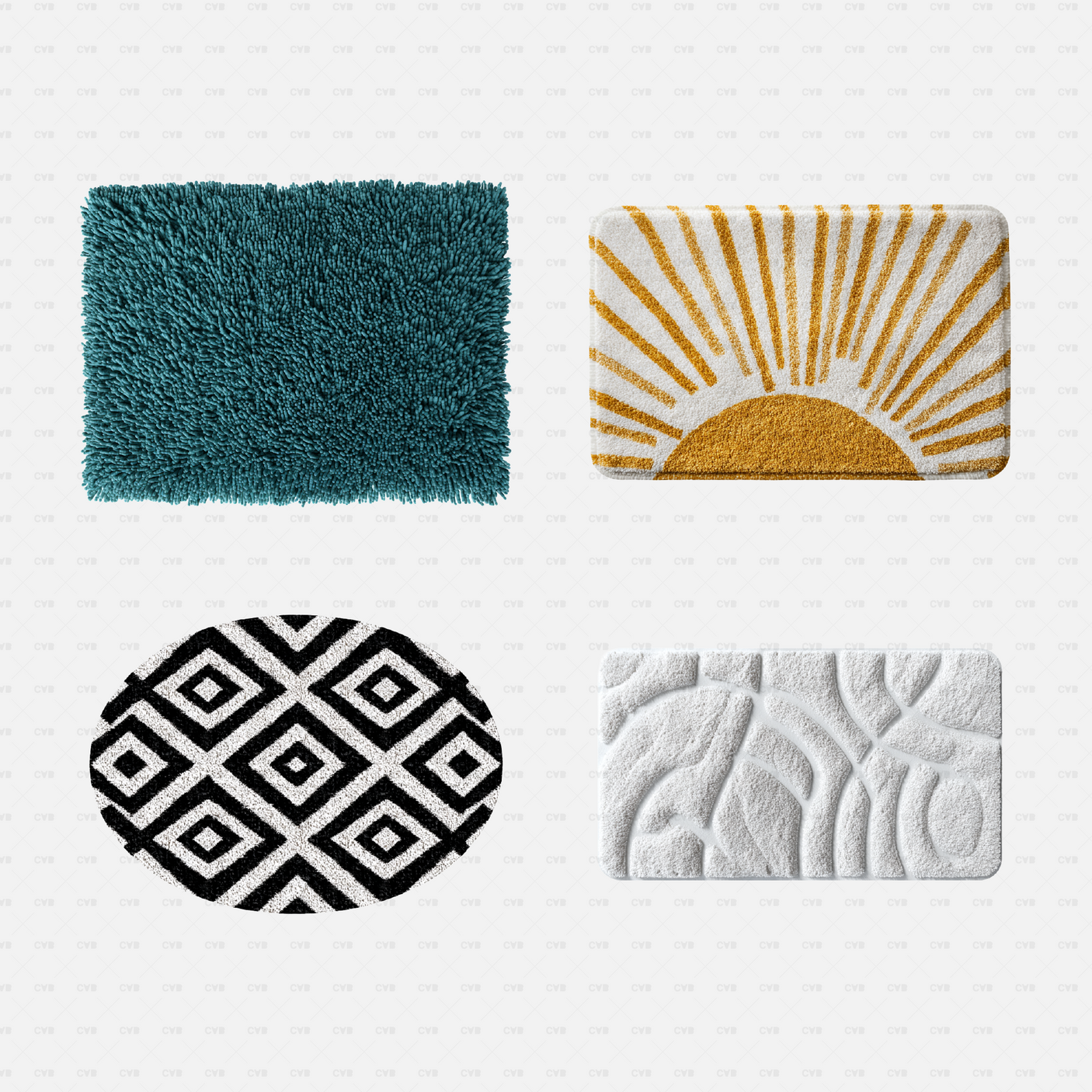 PNG Cutouts - Bathroom Rugs cadasbuilt AI SVG dwg four rugs, teal shag, yellow sunburst, black diamond oval and white relief pattern
