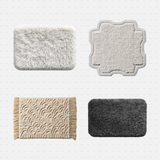 PNG Cutouts - Bathroom Rugs cadasbuilt AI SVG dwg four neutral rugs, white and grey shag, sculpted cream shape and beige fringe mat