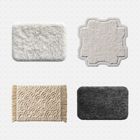 PNG Cutouts - Bathroom Rugs cadasbuilt AI SVG dwg four neutral rugs, white and grey shag, sculpted cream shape and beige fringe mat